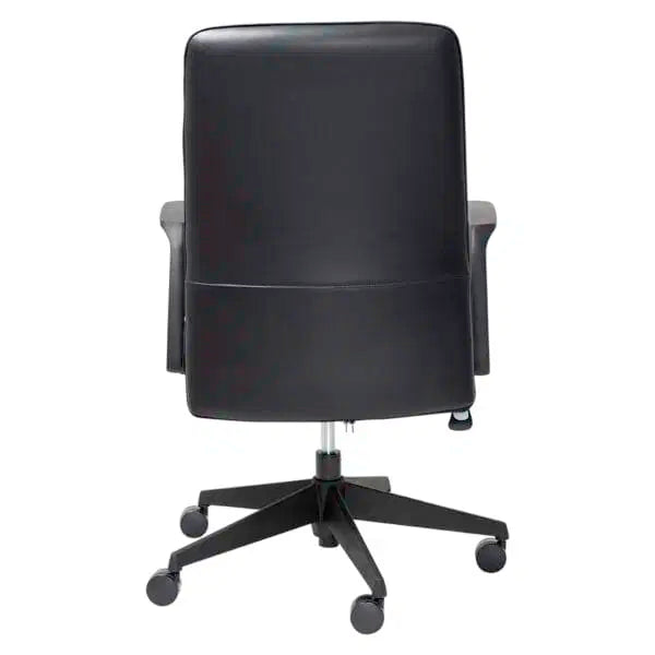 The Mondo Plato Office Chair by Home Office Space NZ features a high backrest, armrests, a five-wheel base, smooth bonded leather-like upholstery, and an adjustable height lever for ergonomic comfort. Shown here in black from the back.