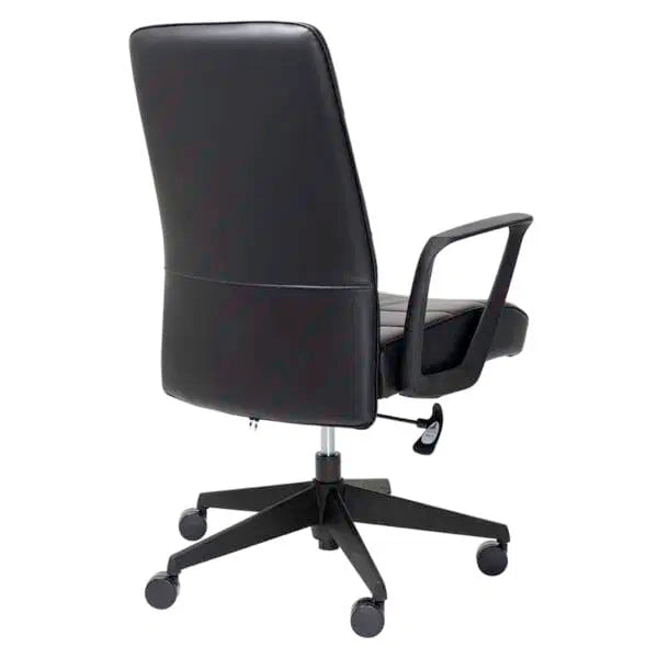 The Mondo Plato Office Chair by Home Office Space NZ is a black ergonomic chair with a high backrest, armrests, five caster wheels, bonded leather padded seat, and an adjustable lever underneath—shown from the back at a slight angle.