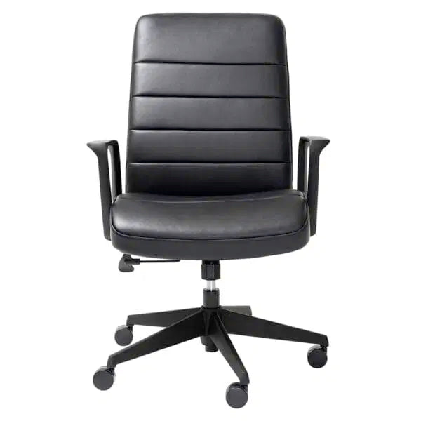 The Mondo Plato Office Chair by Home Office Space NZ features a black bonded leather finish, ergonomic design with armrests, padded backrest, horizontal stitching, and a five-wheel base for comfort and mobility in your workspace.