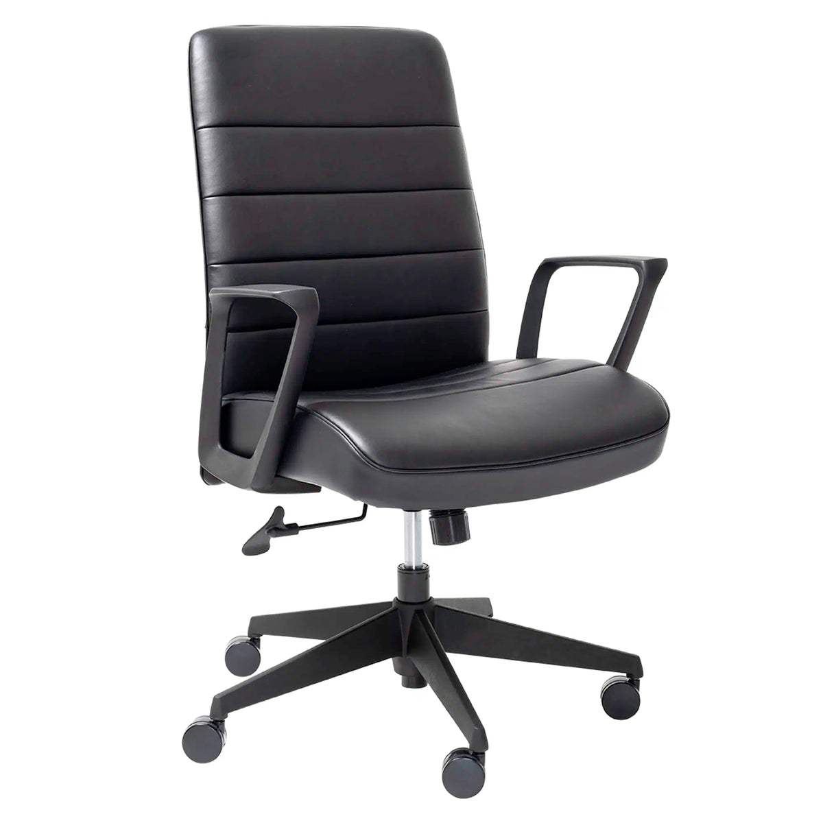 The Mondo Plato Office Chair by Home Office Space NZ features a minimalist black design, padded seat and backrest, armrests, five-wheel base, and an adjustable height lever for modern ergonomic comfort.