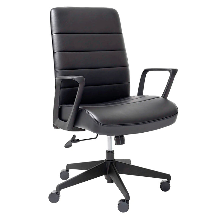 The Mondo Plato Office Chair by Home Office Space NZ features a minimalist black design, padded seat and backrest, armrests, five-wheel base, and an adjustable height lever for modern ergonomic comfort.
