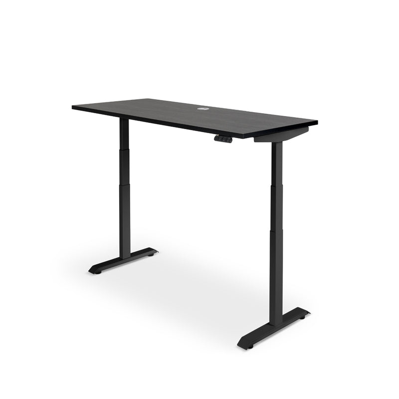 Rise electric height-adjustable standing desk with USB charging port. Sleek design, black frame and black top.
