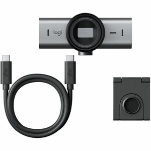 Introducing the Home Office Space NZ's Logitech MX Brio Ultra HD 4K Webcam, available in Grey or Graphite. This sleek, rectangular webcam features an advanced STARVIS sensor and a detachable mount. Essential accessories like a USB-C cable and privacy cover, both branded "logi," accompany it and are displayed separately below the webcam.