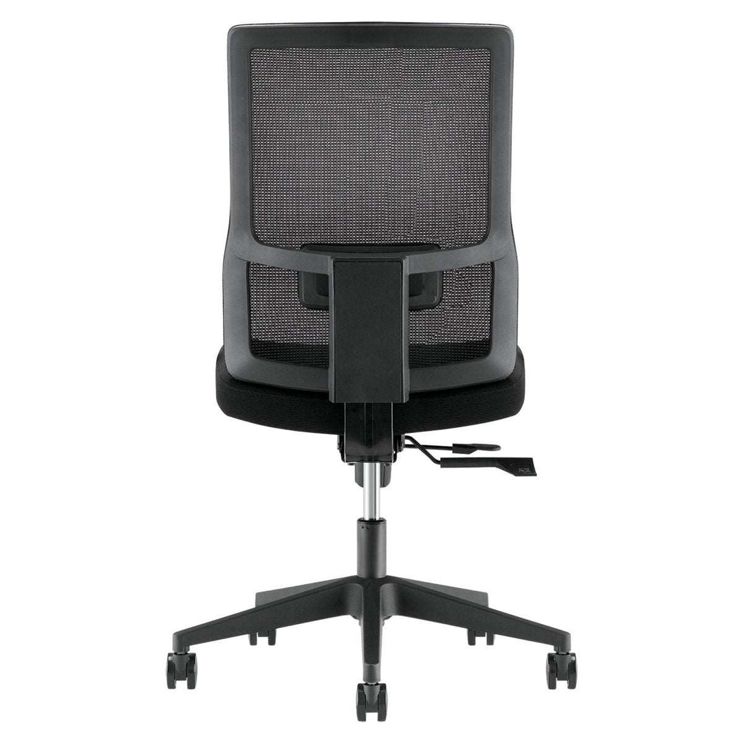 An ergonomic Mantra Chair from Home Office Space NZ, viewed from the back, featuring a black mesh backrest, adjustable armrests, and a cushioned seat. It has height-adjustable features and a five-wheel base for mobility, perfect for your home office space.