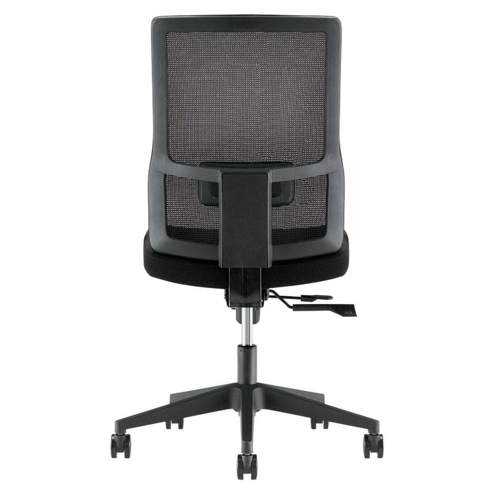 An ergonomic Mantra Chair from Home Office Space NZ, viewed from the back, featuring a black mesh backrest, adjustable armrests, and a cushioned seat. It has height-adjustable features and a five-wheel base for mobility, perfect for your home office space.