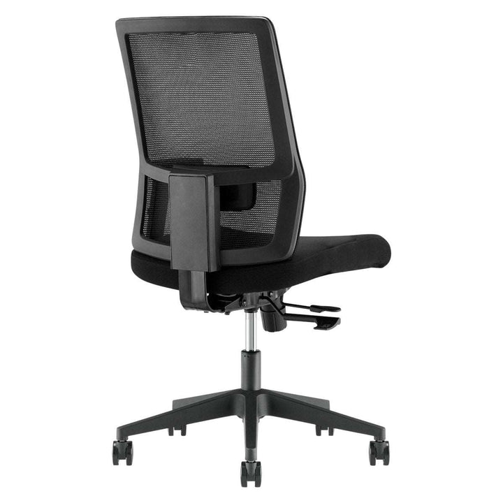 The Mantra Chair by Home Office Space NZ is viewed from the rear angle, showcasing its ergonomic design with a black mesh backrest, cushioned seat, adjustable armrests, and a five-star base with wheels. Perfect for your home office space, this chair includes adjustable features and a lever for height adjustment.