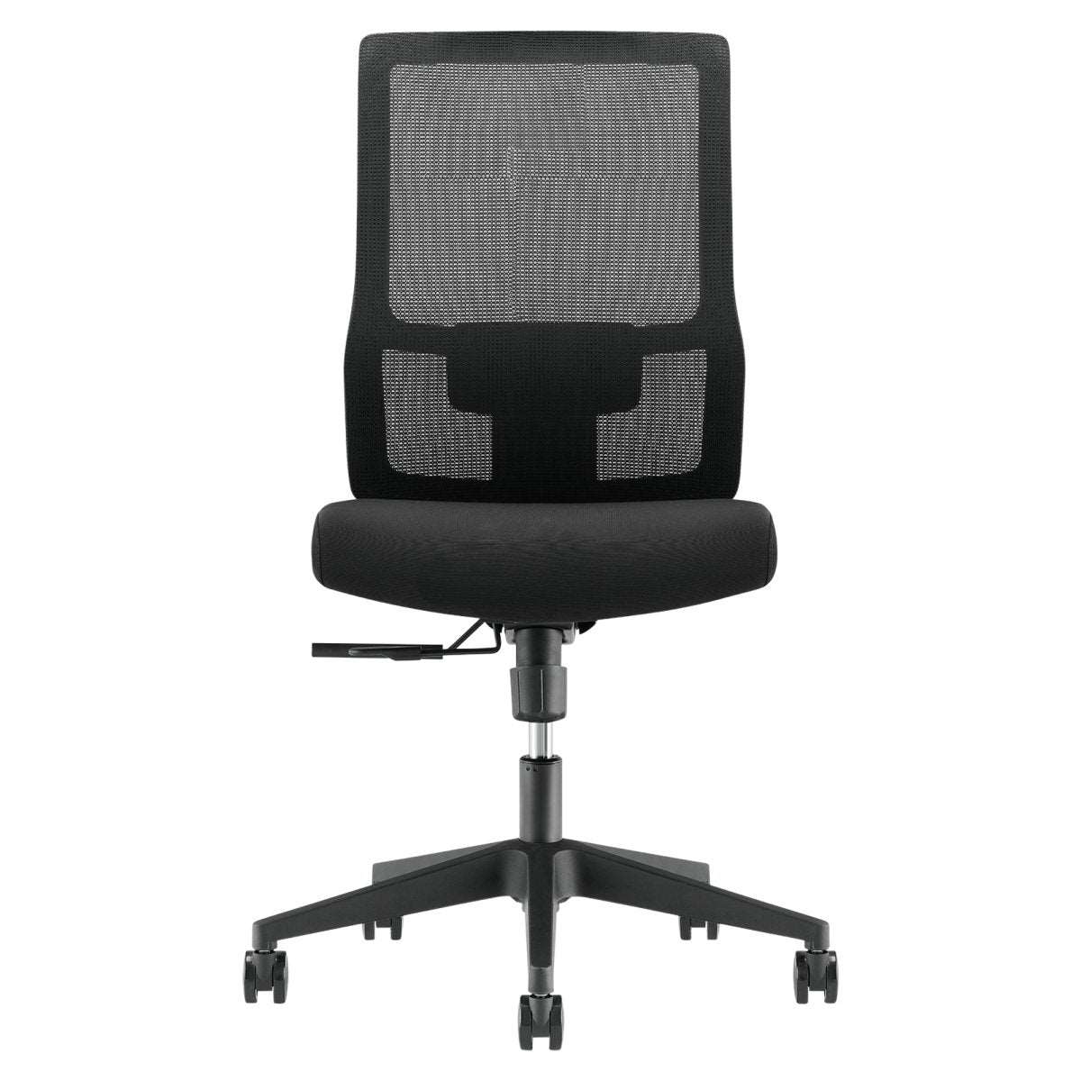 Introducing the Mantra Chair by Home Office Space NZ – a sleek black ergonomic office chair featuring a mesh backrest, cushioned seat, and adjustable height mechanism. Perfect for your home office, it offers customizable features along with a five-caster wheel base for smooth and easy movement.