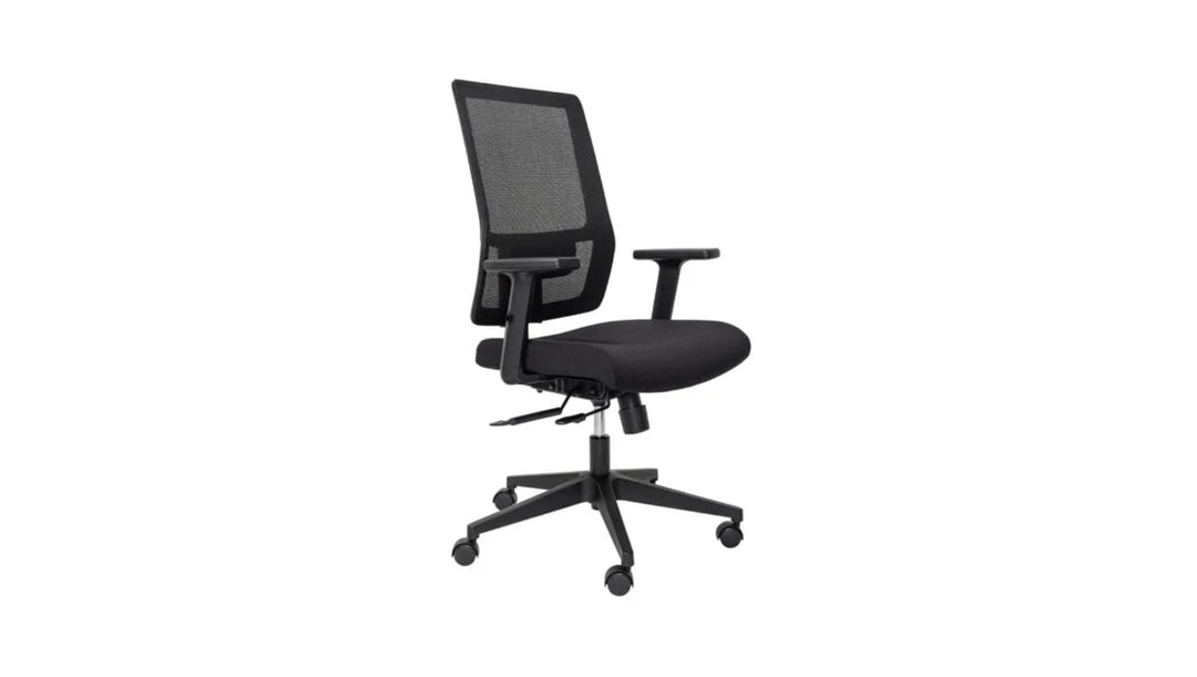 The Mantra Chair by Home Office Space NZ, featuring a black ergonomic design with a mesh backrest, padded seat, adjustable armrests, and height-adjustable features, is perfect for your home office space. The chair also boasts a five-wheel base for effortless mobility on various floor surfaces.