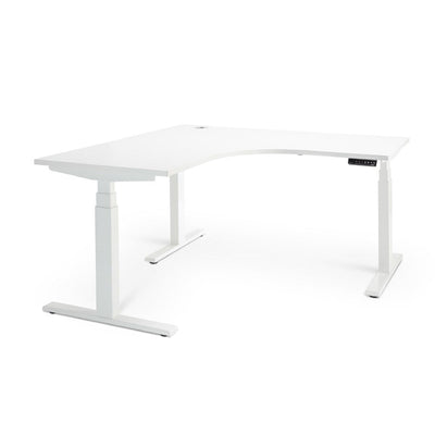 Enhance Electric Height Adjustable Corner Desk: Modern electric corner desk with sleek design and storage. White frame and top.