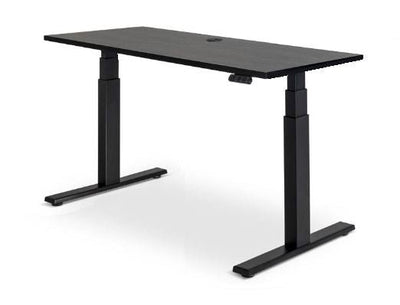 Enhance electric height-adjustable desk: Modern electric desk with sleek design and storage. Black frame and top.