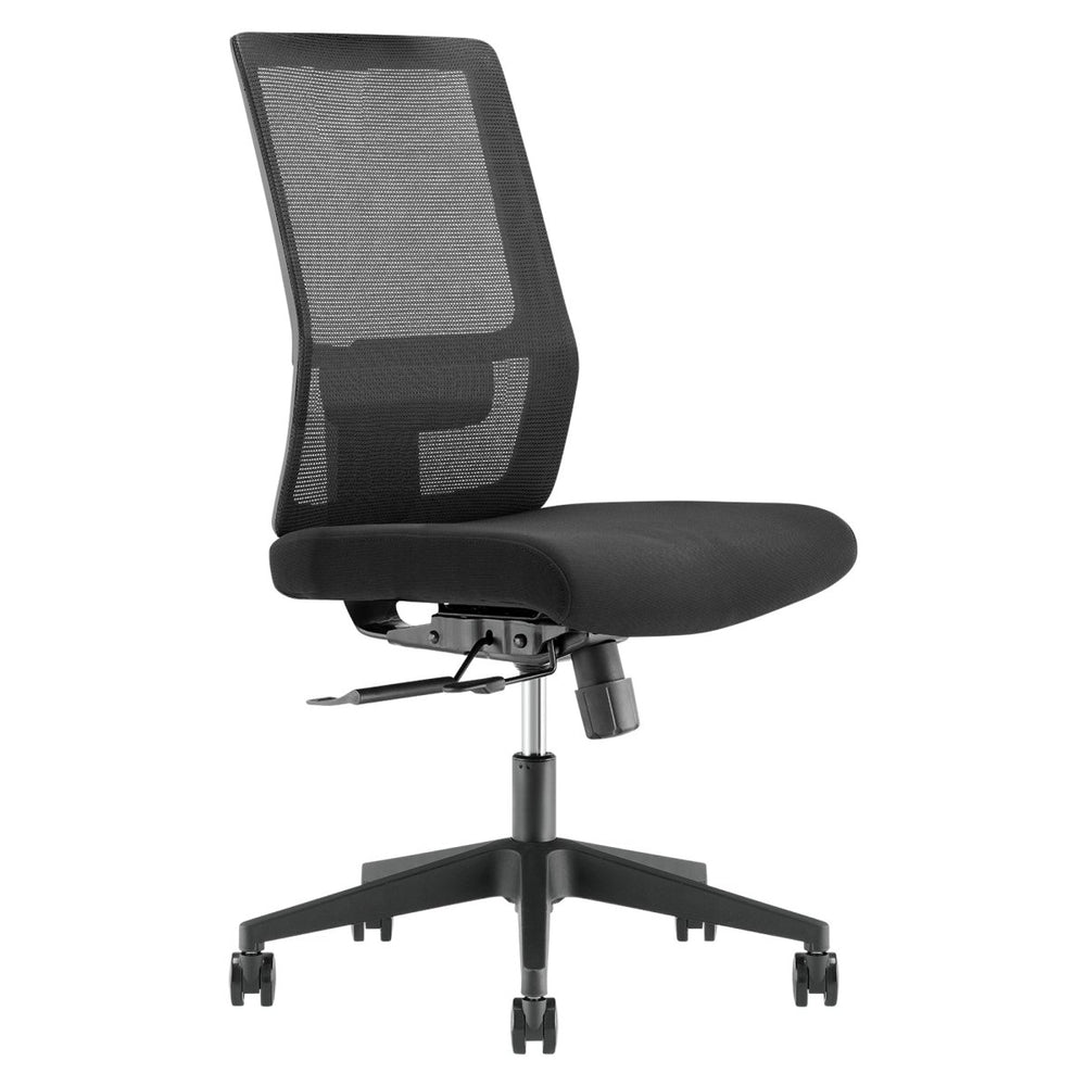 The Mantra Chair by Home Office Space NZ is a black office chair with a mesh backrest and cushioned seat. This ergonomic chair features adjustable height and tilt mechanisms, supported by five caster wheels on a sturdy base. It is perfect for both modern office settings and home office spaces.