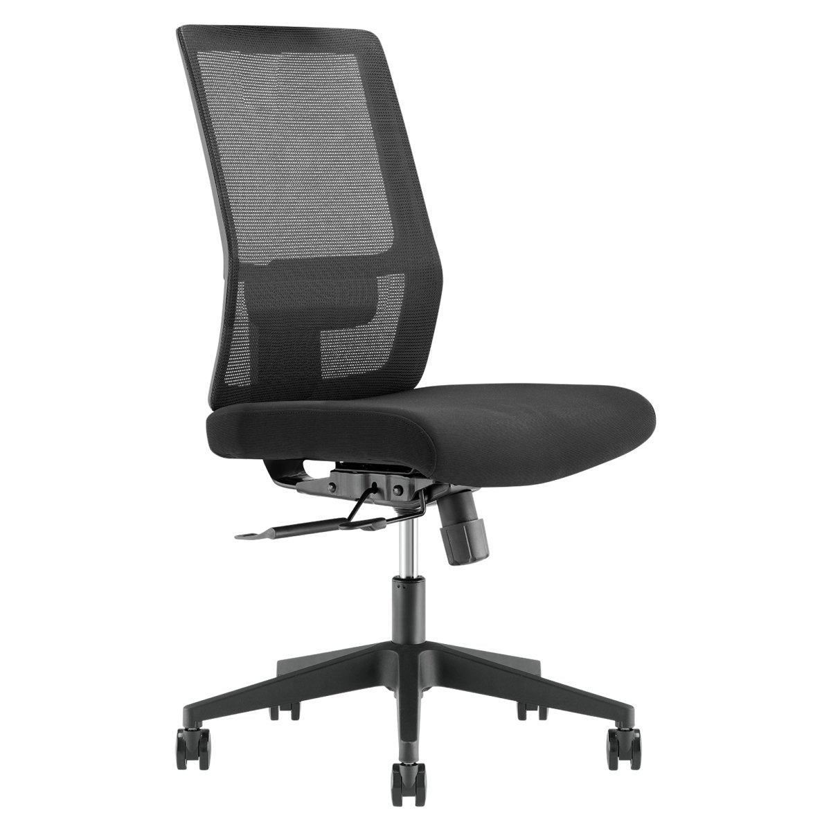 The Mantra Chair by Home Office Space NZ is a black office chair with a mesh backrest and cushioned seat. This ergonomic chair features adjustable height and tilt mechanisms, supported by five caster wheels on a sturdy base. It is perfect for both modern office settings and home office spaces.