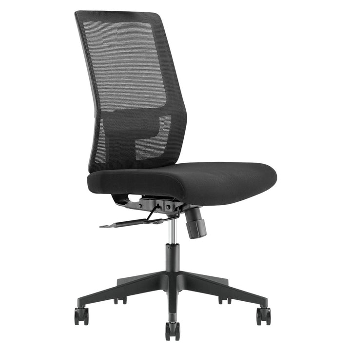 The Mantra Chair by Home Office Space NZ is a black office chair with a mesh backrest and cushioned seat. This ergonomic chair features adjustable height and tilt mechanisms, supported by five caster wheels on a sturdy base. It is perfect for both modern office settings and home office spaces.