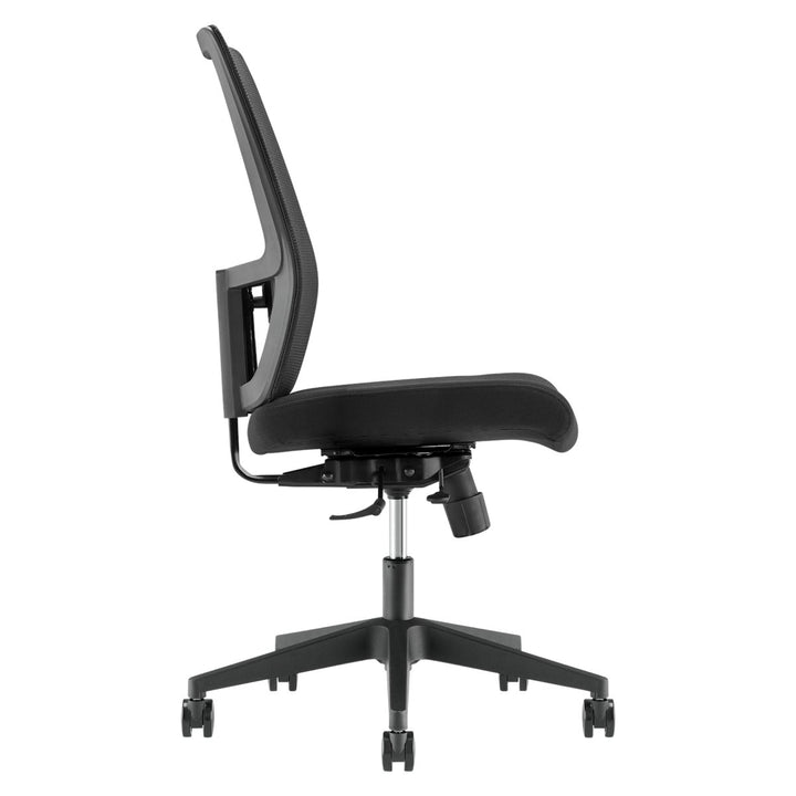 Side view of the Mantra Chair by Home Office Space NZ, showcasing its black color, breathable mesh backrest, cushioned seat, and ergonomic adjustable features. Perfect for any home office space, the chair has a five-star base with caster wheels for mobility.