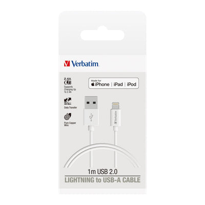 Verbatim Essentials Charge & Sync Lightning Cable 1m White - Home Office Space NZ