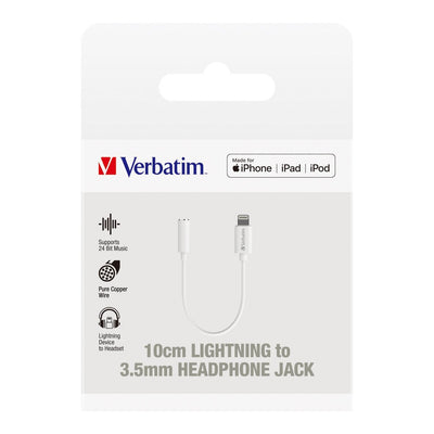 Verbatim Essentials Lightning to 3.5mm Headphone Jack 10cm White - Home Office Space NZ