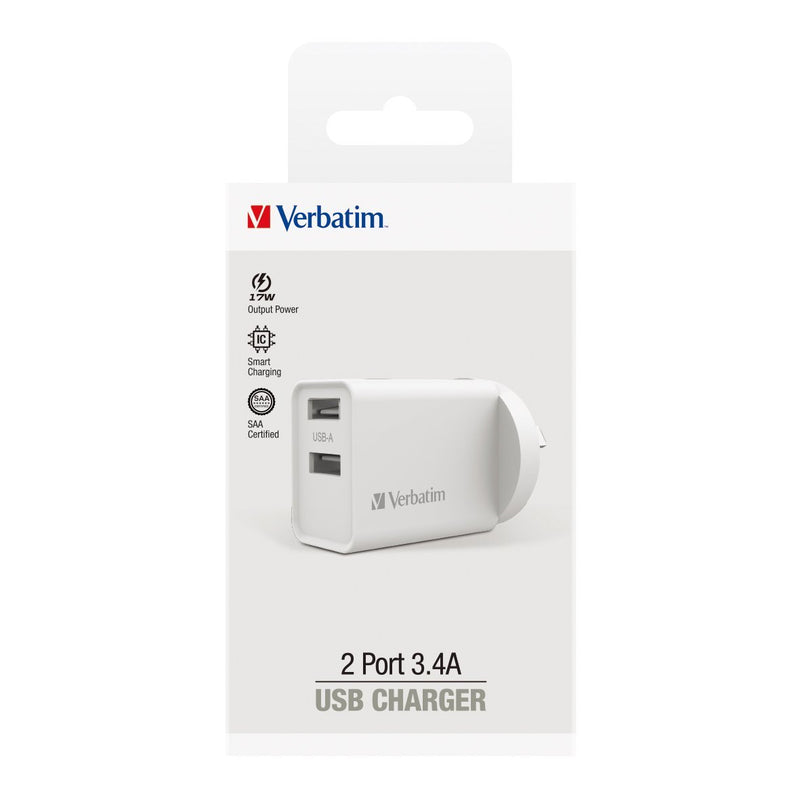 Verbatim Essentials USB Charger Dual Port 3.4A White - Home Office Space NZ