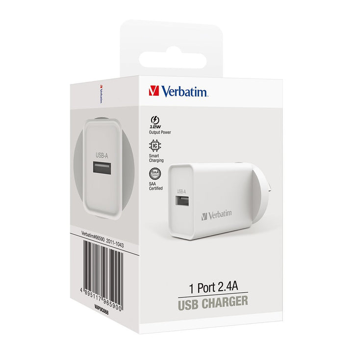 Verbatim Essentials USB Charger Single Port 2.4A White - Home Office Space NZ
