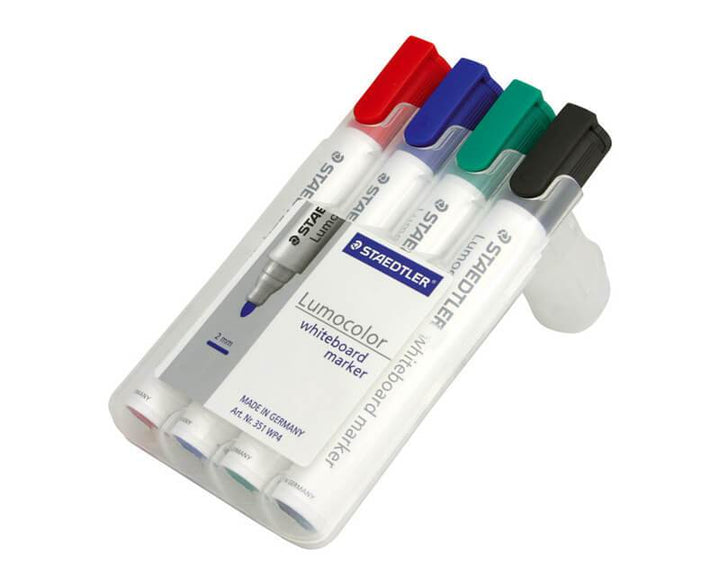 Four Home Office Space NZ Whiteboard Bullet-Tip Markers, known for smooth writing, are shown in a case. Available in bold red, blue, green, and black colors, both the markers and packaging are labeled with a cap visible on the side.
