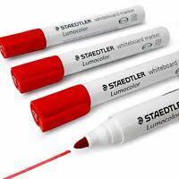 Four colorful Home Office Space NZ Whiteboard Bullet-Tip Markers are displayed, one with its cap off to reveal a vivid red tip and a smooth line. The markers have white barrels with branding text for a flawless writing experience.