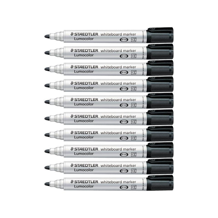 Ten Home Office Space NZ Whiteboard Bullet-Tip Markers provide smooth writing with vibrant colors. Arranged horizontally in two rows, they feature gray barrels with black caps and tips, clearly labeled with their brand and type.